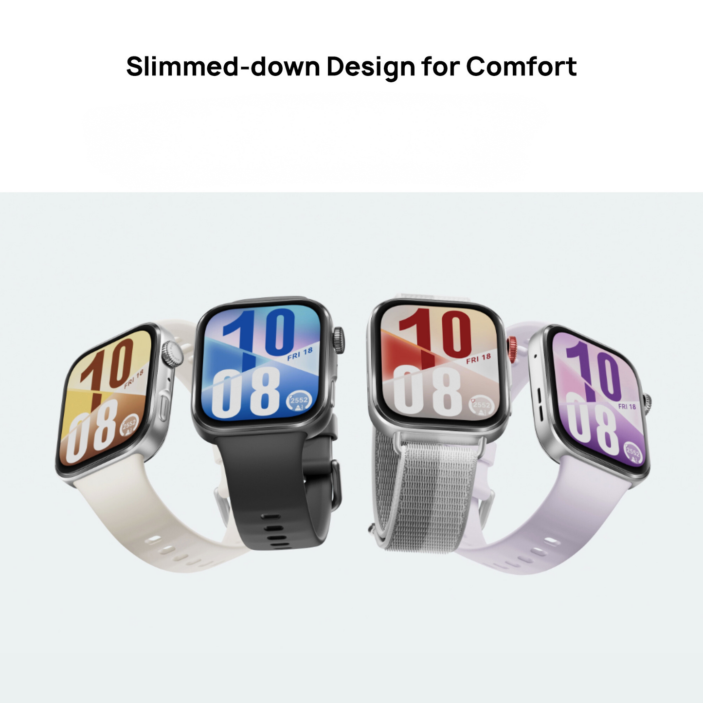 Four smartwatches with different colored displays on a white background