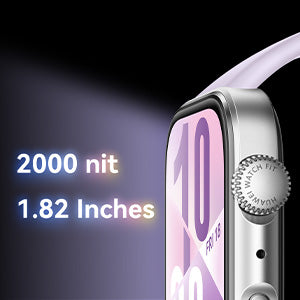 Smartwatch with screen specifications '2000 nit' and '1.82 Inches' displayed on a dark background.