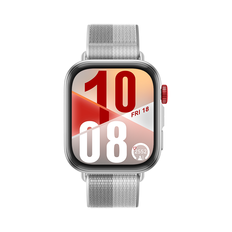 Smartwatch with a silver mesh band on a white background