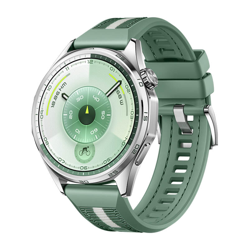 Green smartwatch with a detailed face on a white background