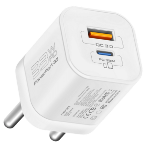 PowerPort-33, 33W Gan Charger | Round Pin Dual Port Fast QC+PD Adapter with Qualcomm Quick Charge | Compatible with iPhone 15, 15 Pro, 15 Pro Max, 14,13,12,11, iPad, Samsung, OnePlus