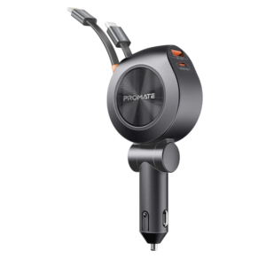 Drivegear-R2, Multi-Port Car Charger with Retractable PD30W USB-C and PD20W Lightning Cables, 20W USB-C, 18W Quick Charge Ports, Heat Resistance, Surge Protection, 180° Rotatable Body Design