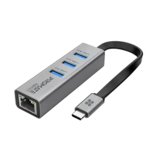 Promate GigaHub-C USB-C to Ethernet Adapter Hub, Aluminum Alloy High-Speed USB-C Hub to 1000Mbps Ethernet Port with 5 Gbps Sync Charge, 3 USB 3.0 Ports for USB-C Laptops, Smartphones, Tablets (Grey)