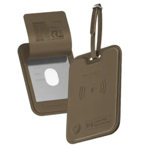 Promate HushTag Brown Smart Leather Luggage Tag with Apple Find My Tracker, RFID Protection, Wireless Charging, 90dB Alert, 6-Month Battery, Slim Durable Design, Bluetooth 5.2 for Apple Devices Only