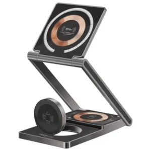 LucidFold-Trio Promate 3-in-1 Ultra-Slim Transparent Foldable MagSafe Wireless Charging Station with 15W Charging Stand, 5W AirPods Charger, 3W Apple Watch Adjustable Charger