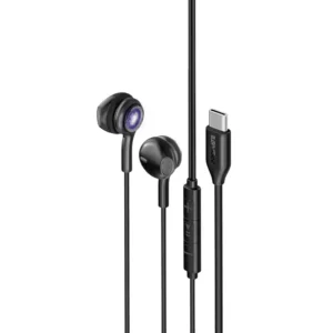 LumiBuds-C Black Promate with USB-C Connector, Transparent in-Ear USB-C HD Wired Earbuds, RGB Lights, Microphone, Call Function, in-Line Volume Control for iPhone 15, iPad, Samsung S23