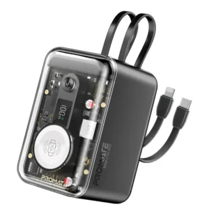 Mavrix-20 Black Promate 5-In-1 Power Bank, Universal 20000mAh Charger with Built-In USB-C, Lightning Cables, PD 65W USB-C Port, 27W USB-A Port, 3W Apple Watch Charger