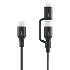 PowerLink CCi Promate 3-in-1 MFI Certified Lightning and USB-C™ Cable with Interchangeable Connectors, 60W USB-C™ Output, 27W Lightning Output, Sync & Charge, Tangle-Free Nylon Braided