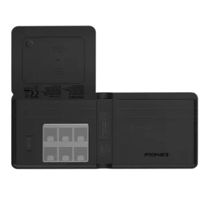 Promate ProWallet Anti-Loss Leather Wallet with Apple Find My, Wireless Charging, RFID Protection, Built-in Speaker, Bluetooth 5.2, Slim Design, SIM/MicroSD Slots, 6 Month Battery Life